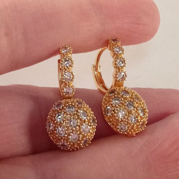 18K Yellow Gold Filled Round Beaded Diamond Zircon Drop Earrings Gorgeous Gift - Picture 7 of 8